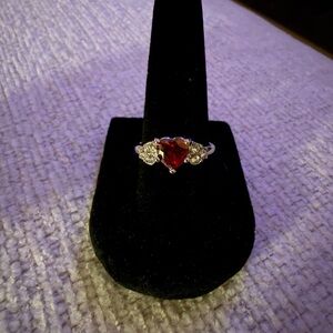 Sold - Stainless Steel Heart-Cut Red Stone Ring with Clear Accents